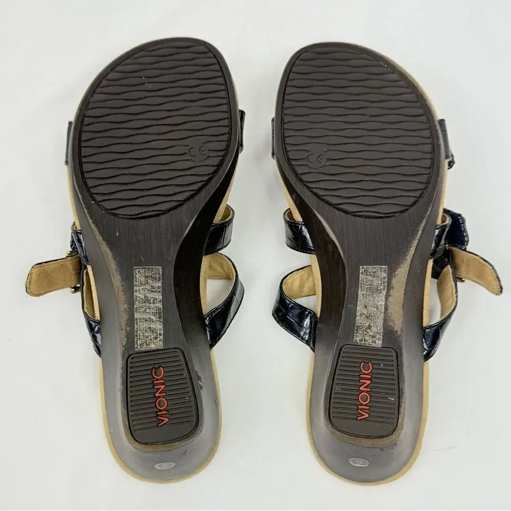 Vionic RADIA Blue Patent Reptile Embossed Triple T Strap Slide Wedge Sandals